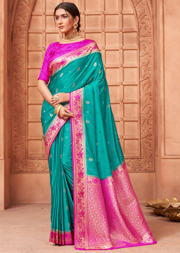 Turquoise Green Satin Silk Saree with Overall Butti work