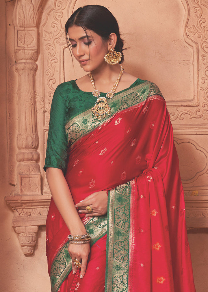 Apple Red Satin Silk Saree with Overall Butti work