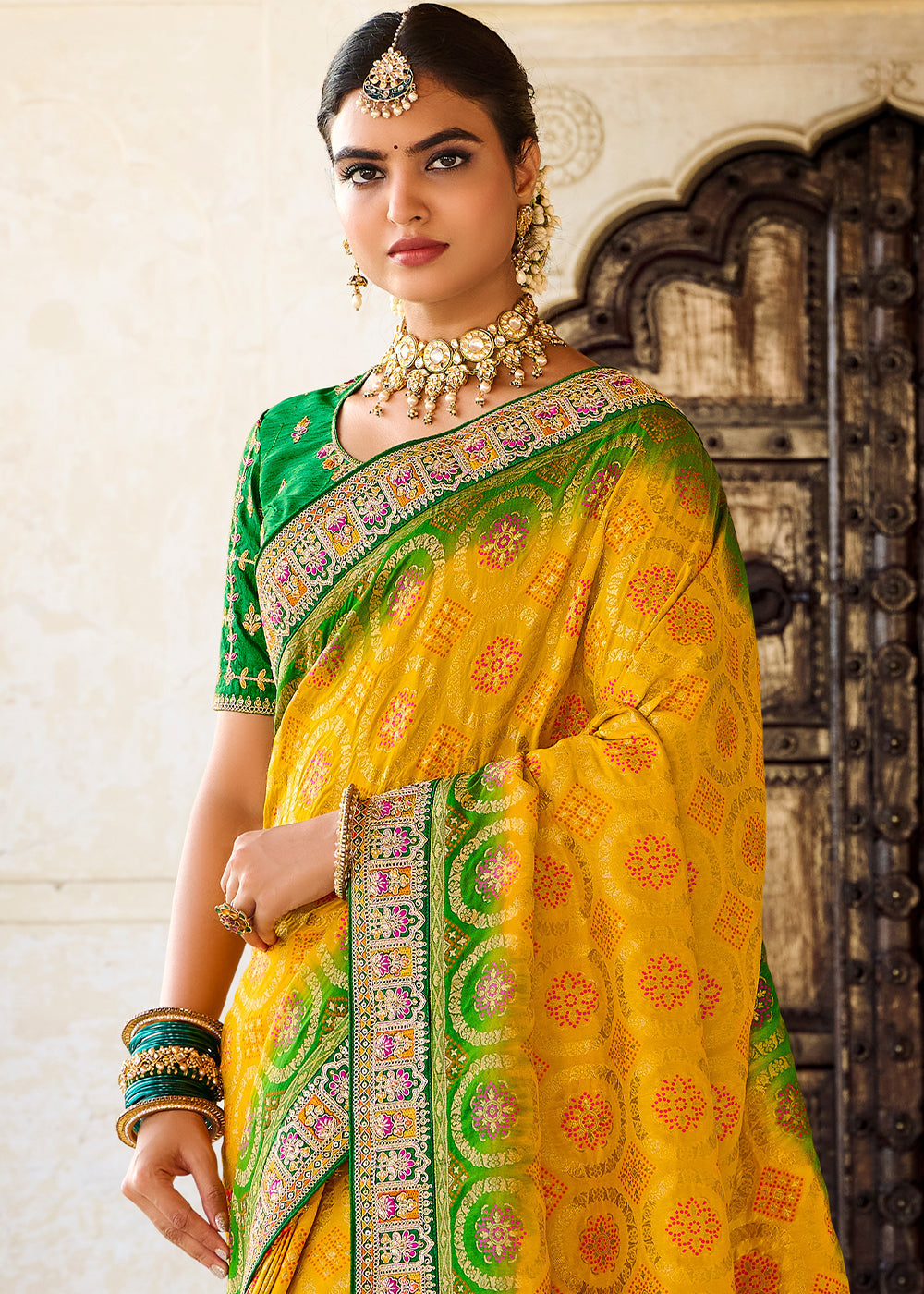 Golden Yellow Woven Dola Silk Saree with Embroidered Blouse