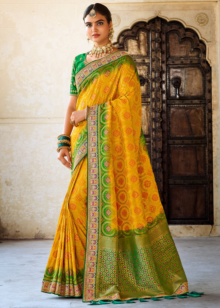 Golden Yellow Woven Dola Silk Saree with Embroidered Blouse