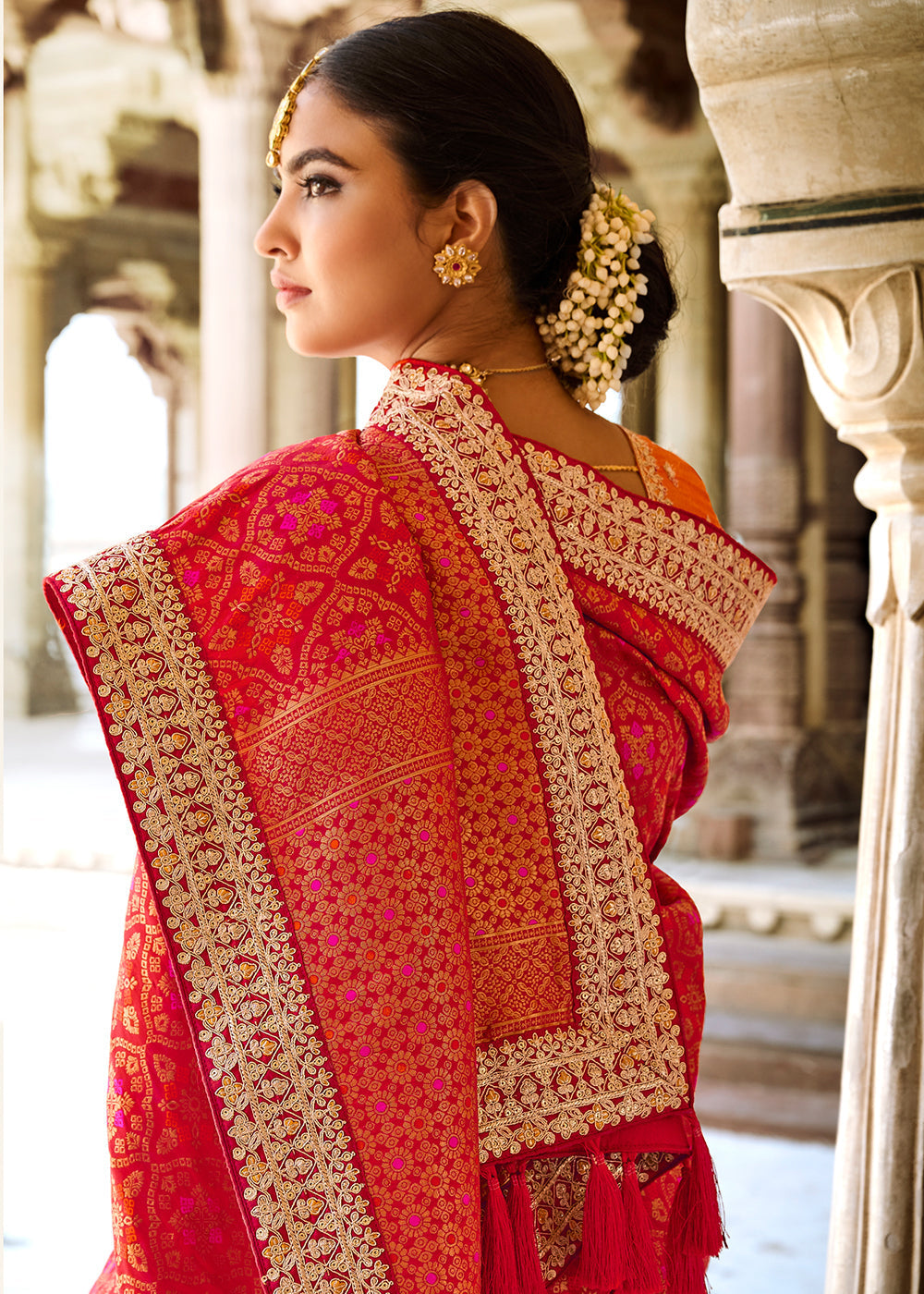Crimson Red Woven Dola Silk Saree with Embroidered Blouse