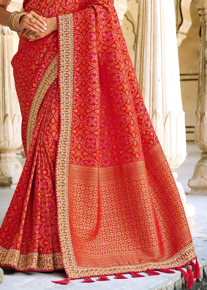 Crimson Red Woven Dola Silk Saree with Embroidered Blouse
