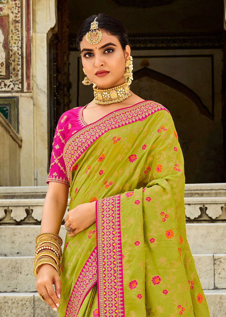 Pastel Green Woven Dola Silk Saree with Embroidered Blouse