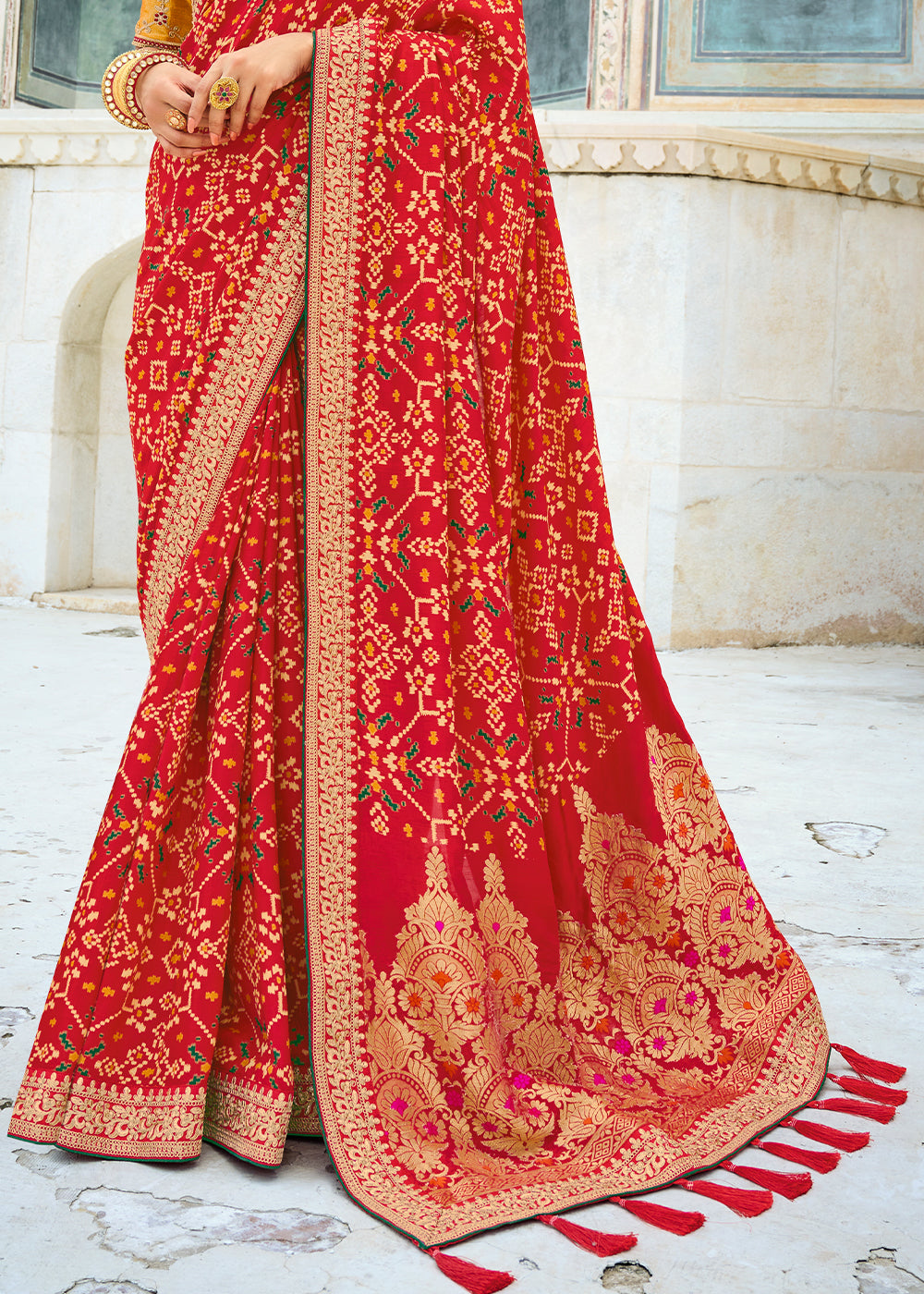 Cherry Red Woven Dola Silk Saree with Embroidered Blouse