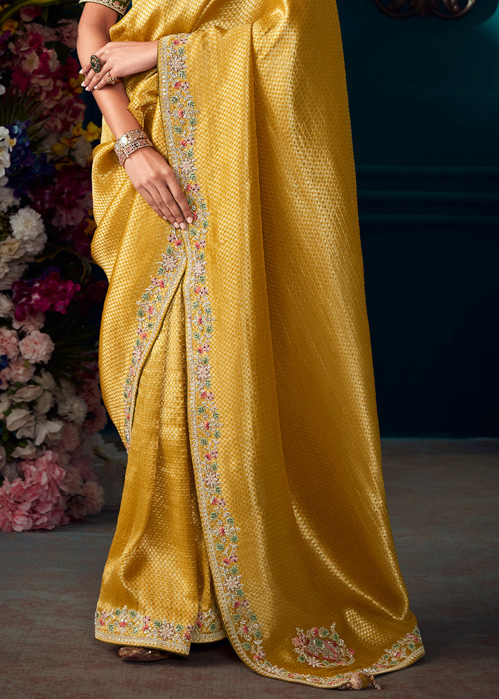 Golden Yellow Woven Kanjivaram Silk Saree with Sequin,Stone,Khatli & Pearl work