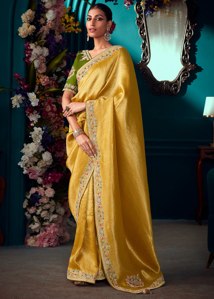 Golden Yellow Woven Kanjivaram Silk Saree with Sequin,Stone,Khatli & Pearl work