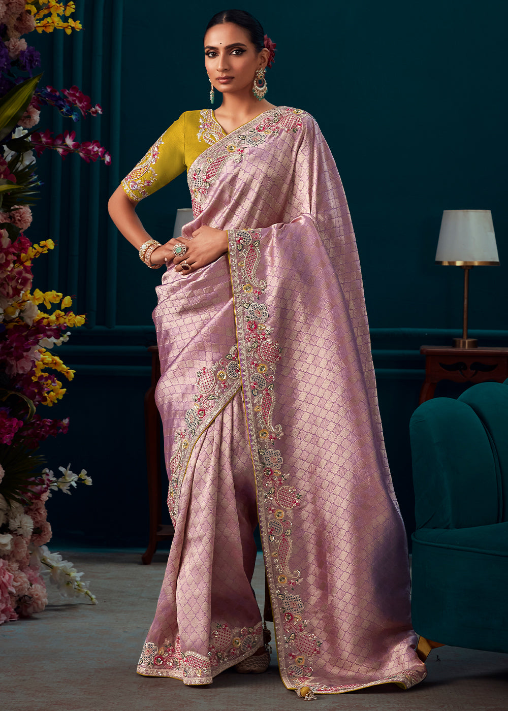 Princess Purple Woven Kanjivaram Silk Saree with Sequin,Stone,Khatli & Pearl work