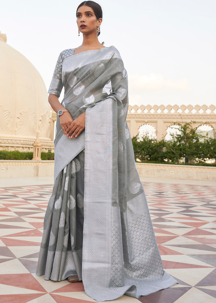 Charcoal Grey Woven Linen Silk Saree