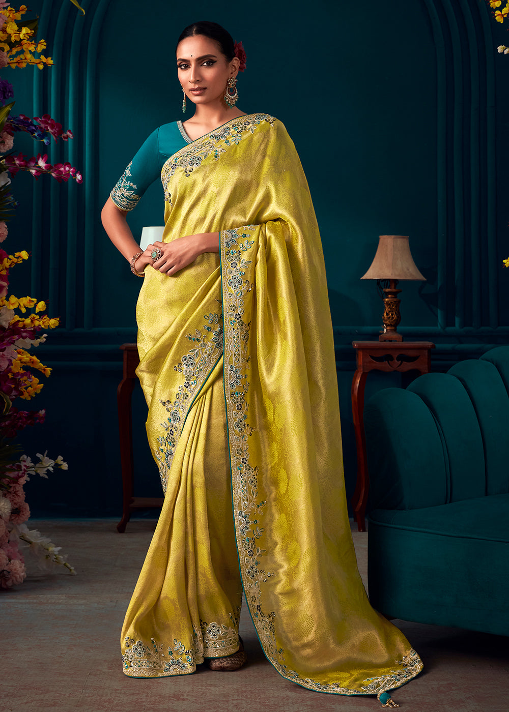 Lemon Yellow Woven Kanjivaram Silk Saree with Sequin,Stone,Khatli & Pearl work