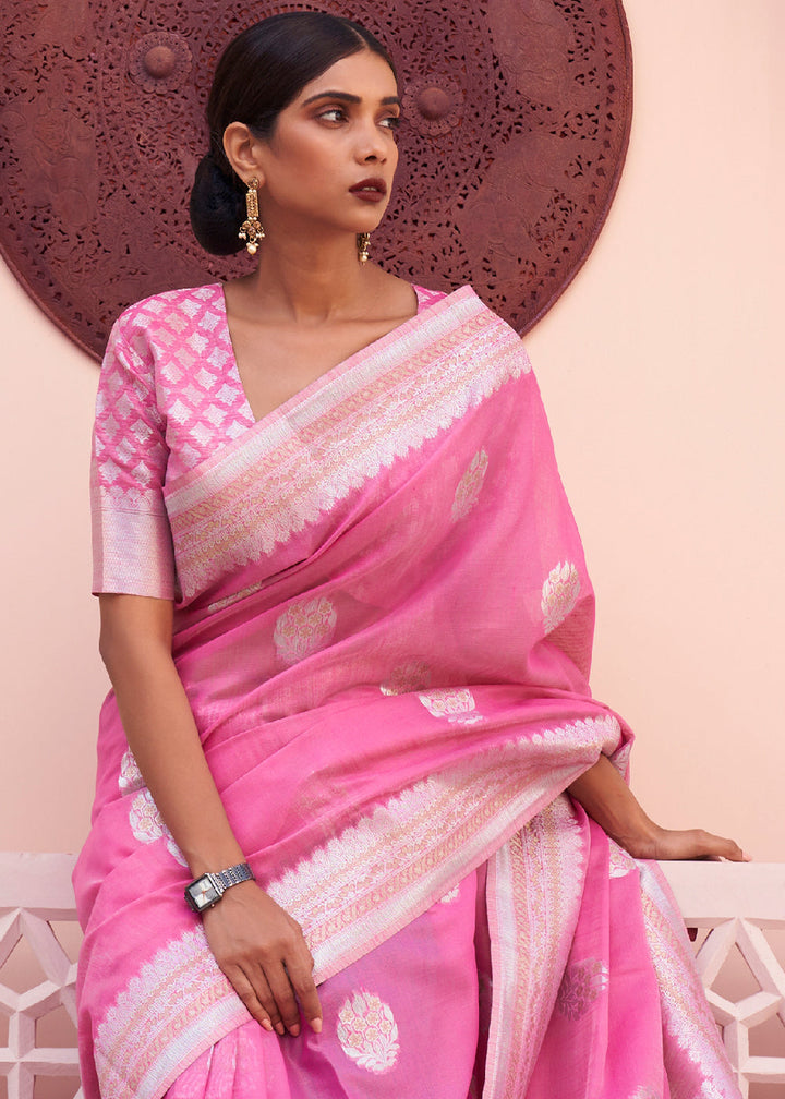 Fuscia Pink Woven Linen Silk Saree