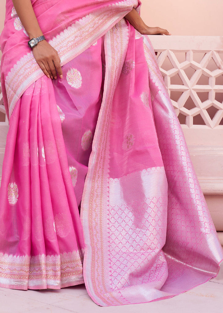 Fuscia Pink Woven Linen Silk Saree