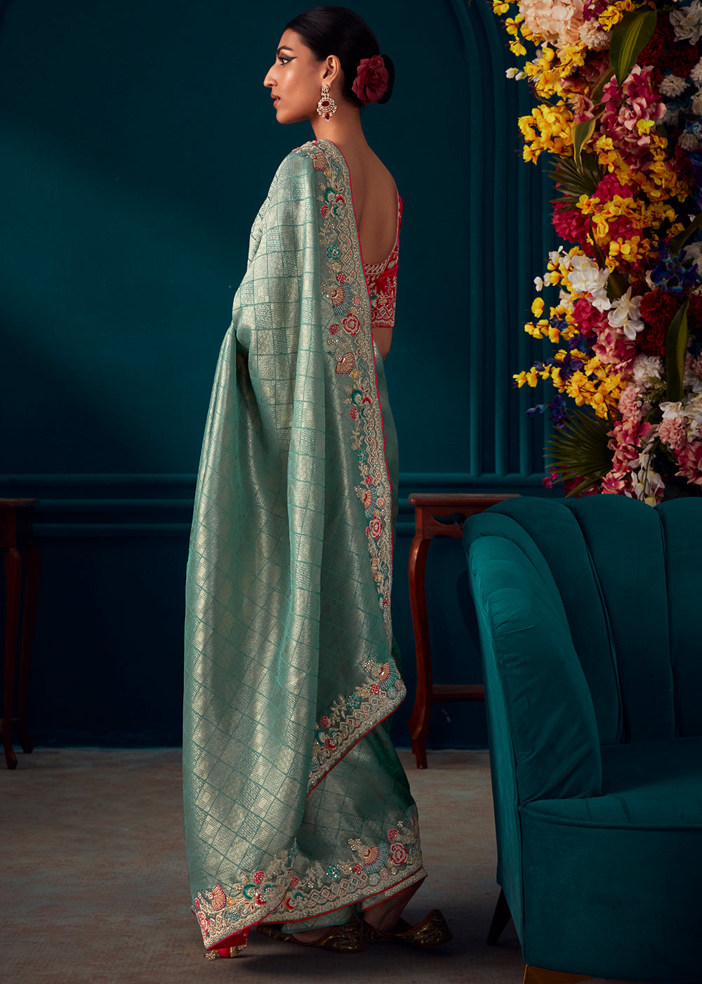 Shades Of Blue Woven Kanjivaram Silk Saree with Sequin,Stone,Khatli & Pearl work