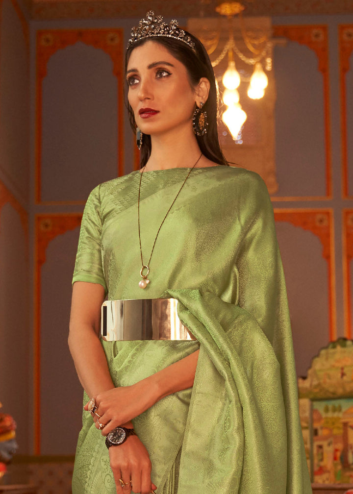Pear Green Designer Satin Silk Saree