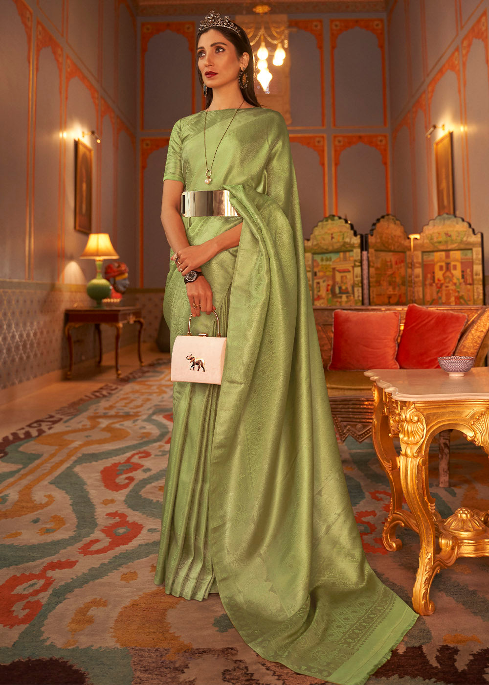 Pear Green Designer Satin Silk Saree