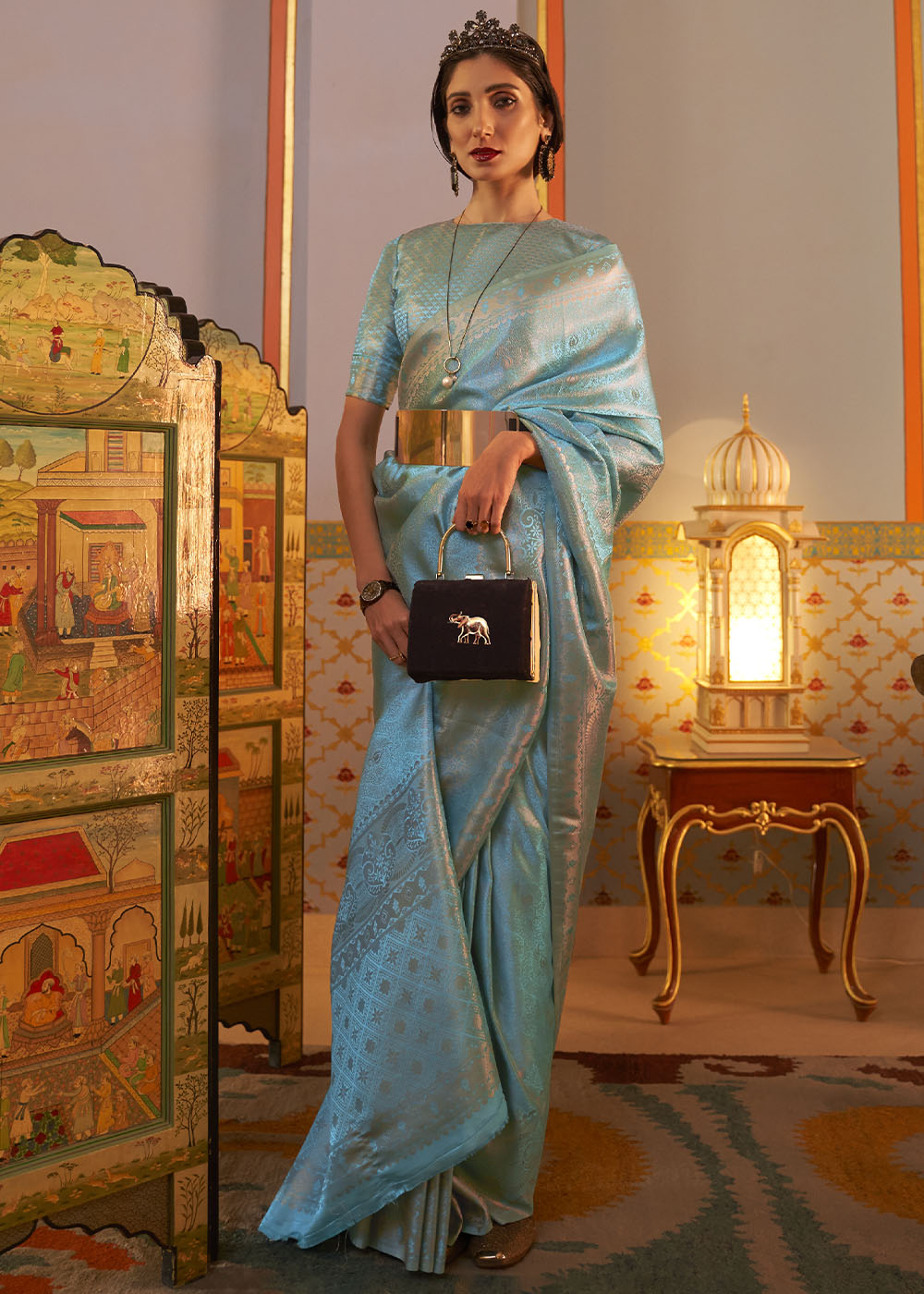 Cyan Blue Designer Satin Silk Saree