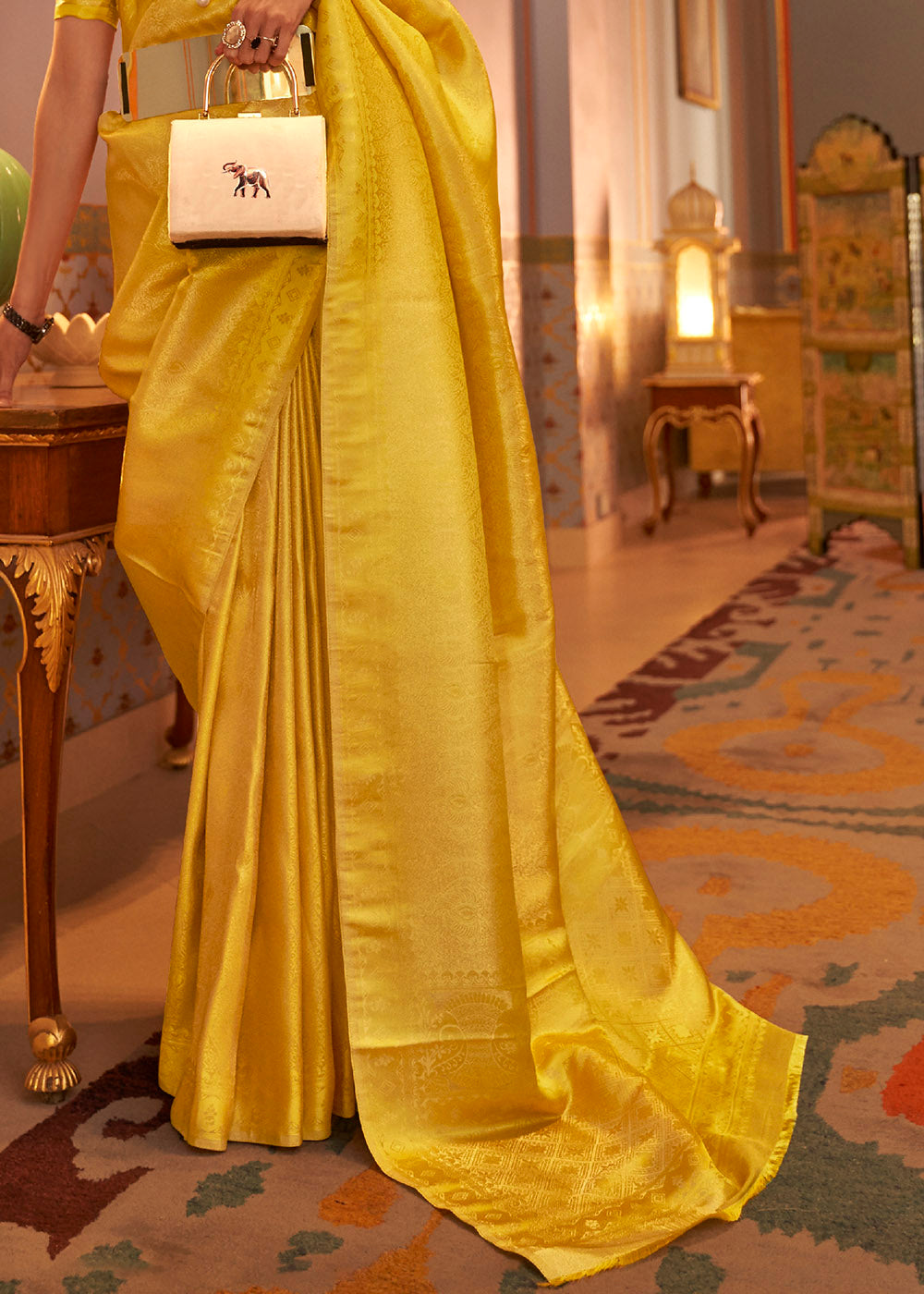 Aureolin Yellow  Designer Satin Silk Saree