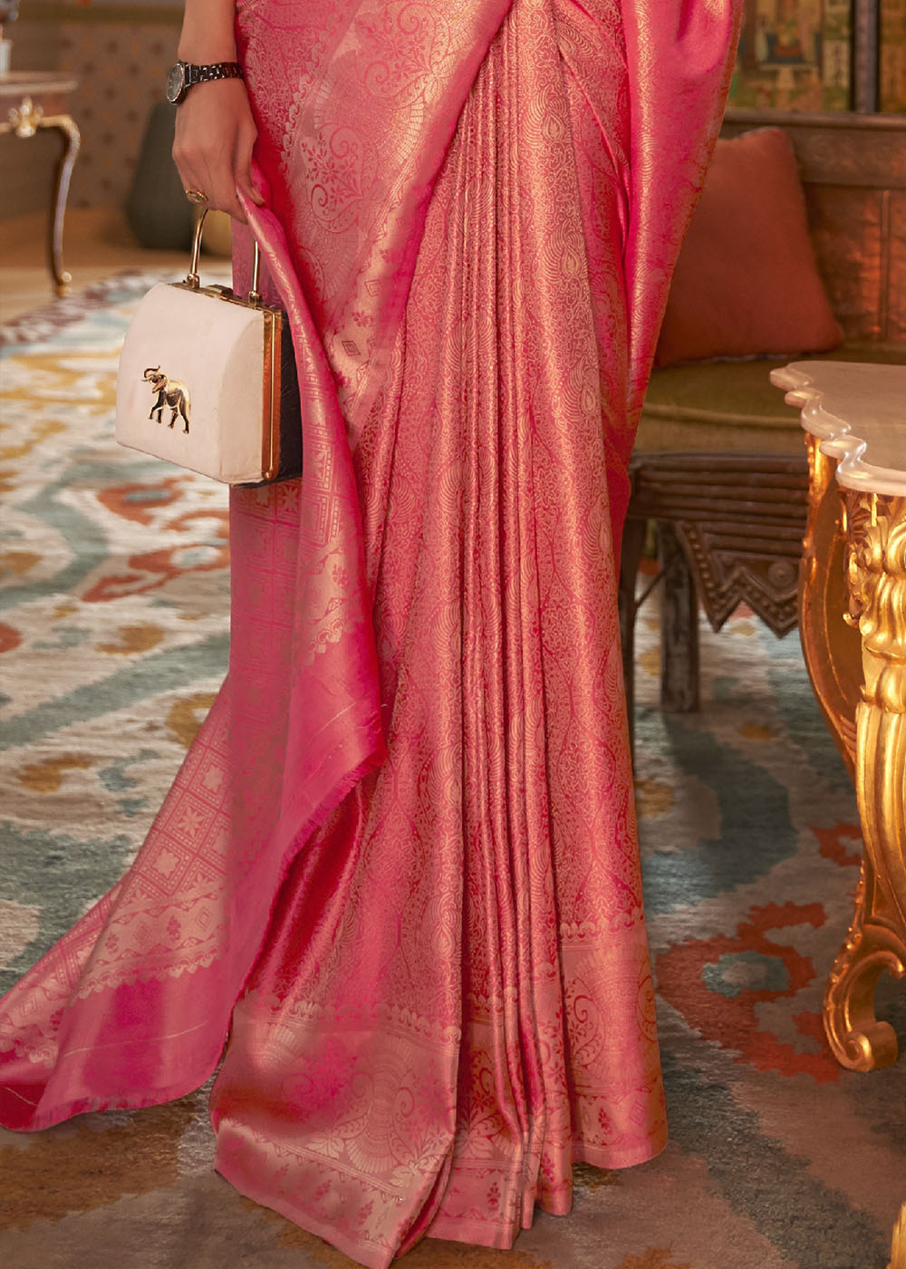 French Rose Pink Designer Satin Silk Saree