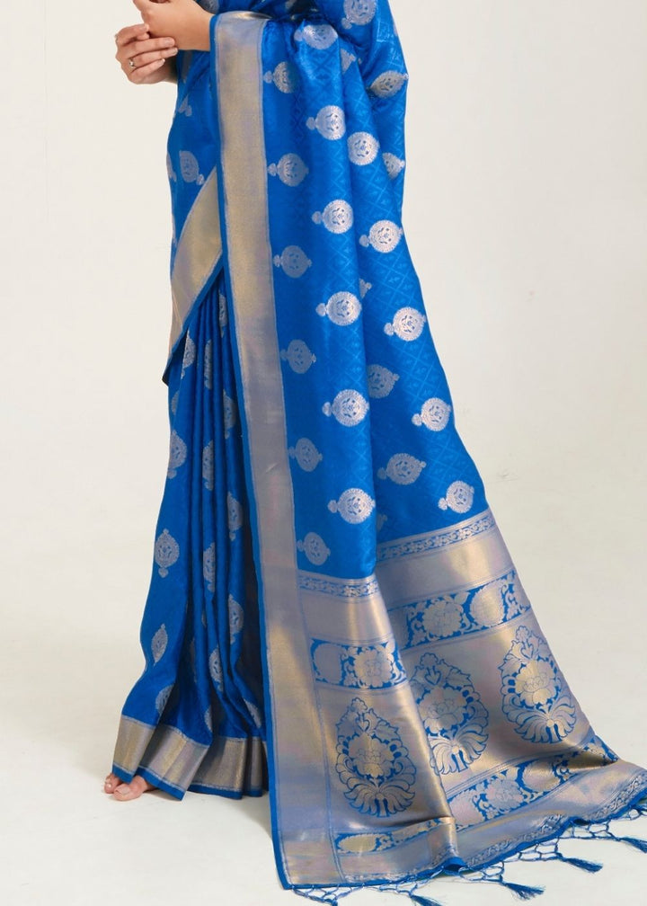 Egyptian Blue Zari Butta Woven Banasari Silk Saree