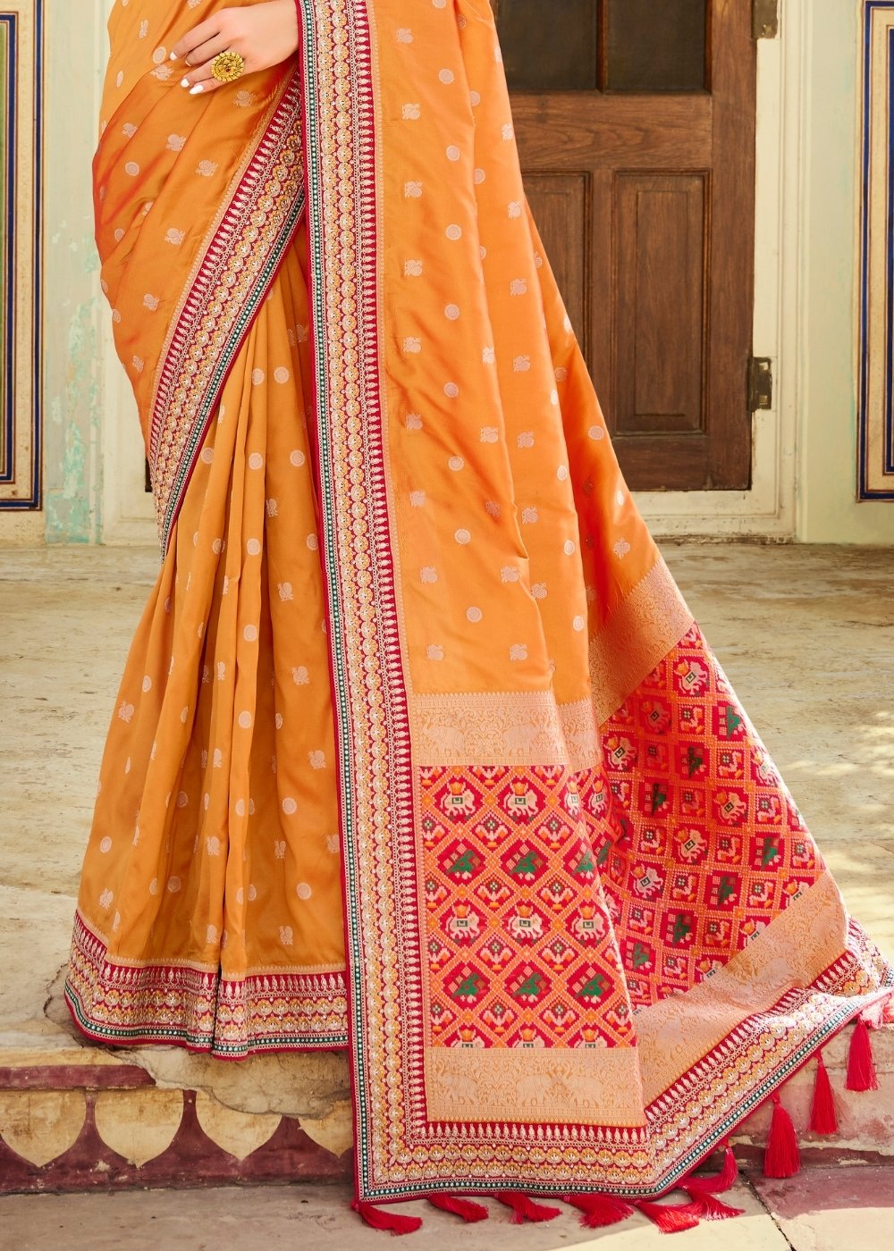 Salmon Orange Woven Banarasi Silk Saree with Embroidered Blouse