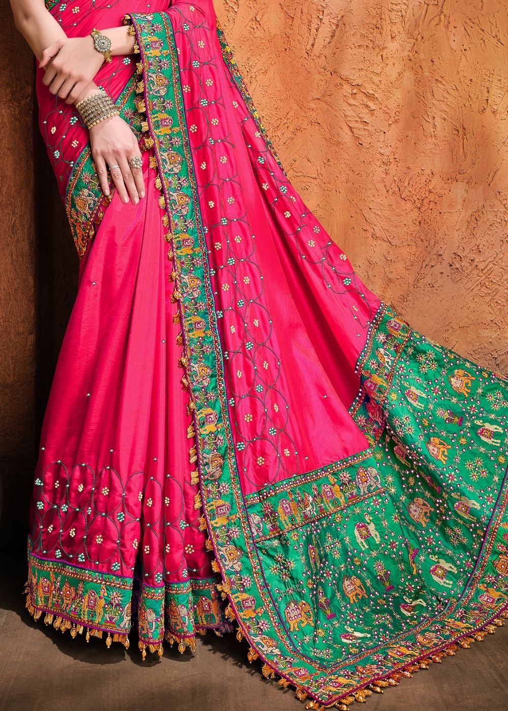 Cerise Pink Pure Satin Saree with Mirror, Resham & Diamond work