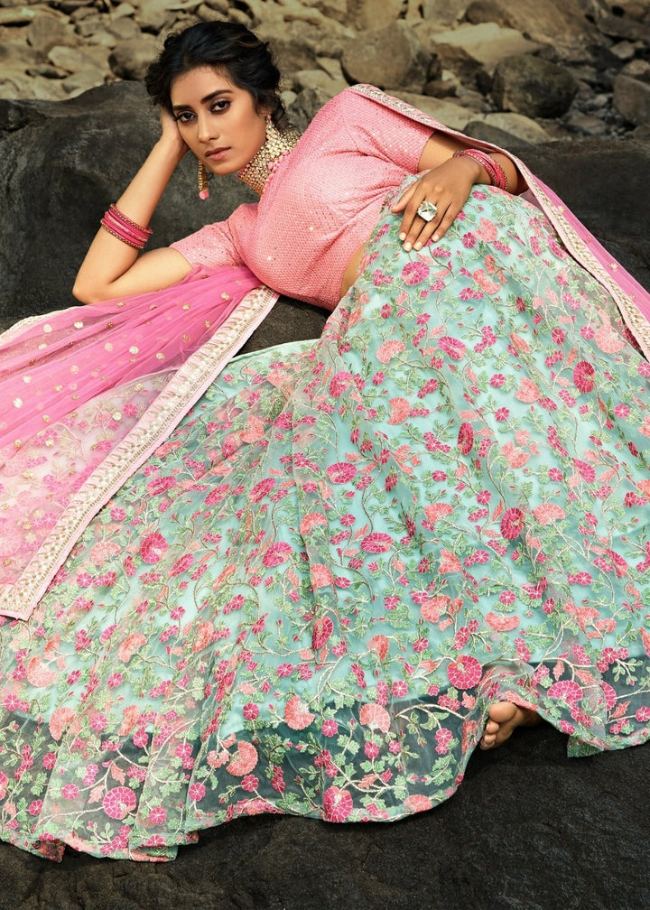 Pista Green & Pink Designer Soft Net Lehenga Choli with Sequins, Thread & Zari work