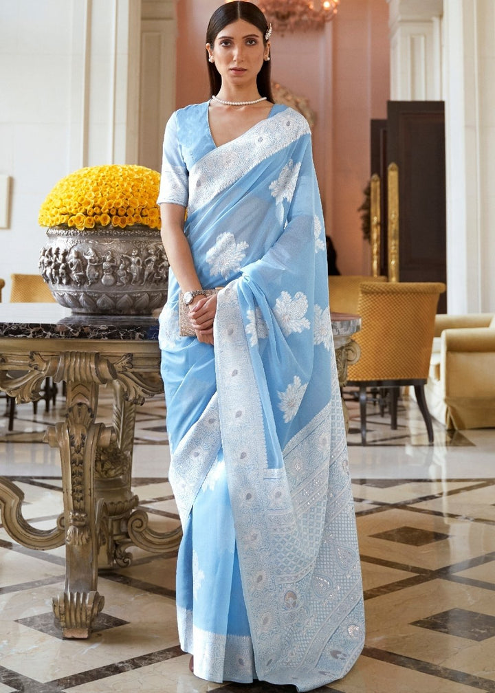 Maya Blue Lucknowi  Chikankari Weaving Silk Saree