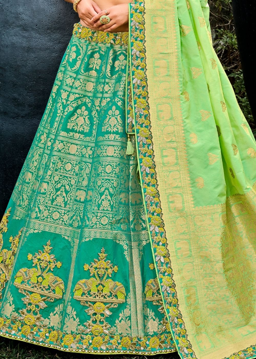 Turquoise Green Banarasi Silk Lehenga Choli