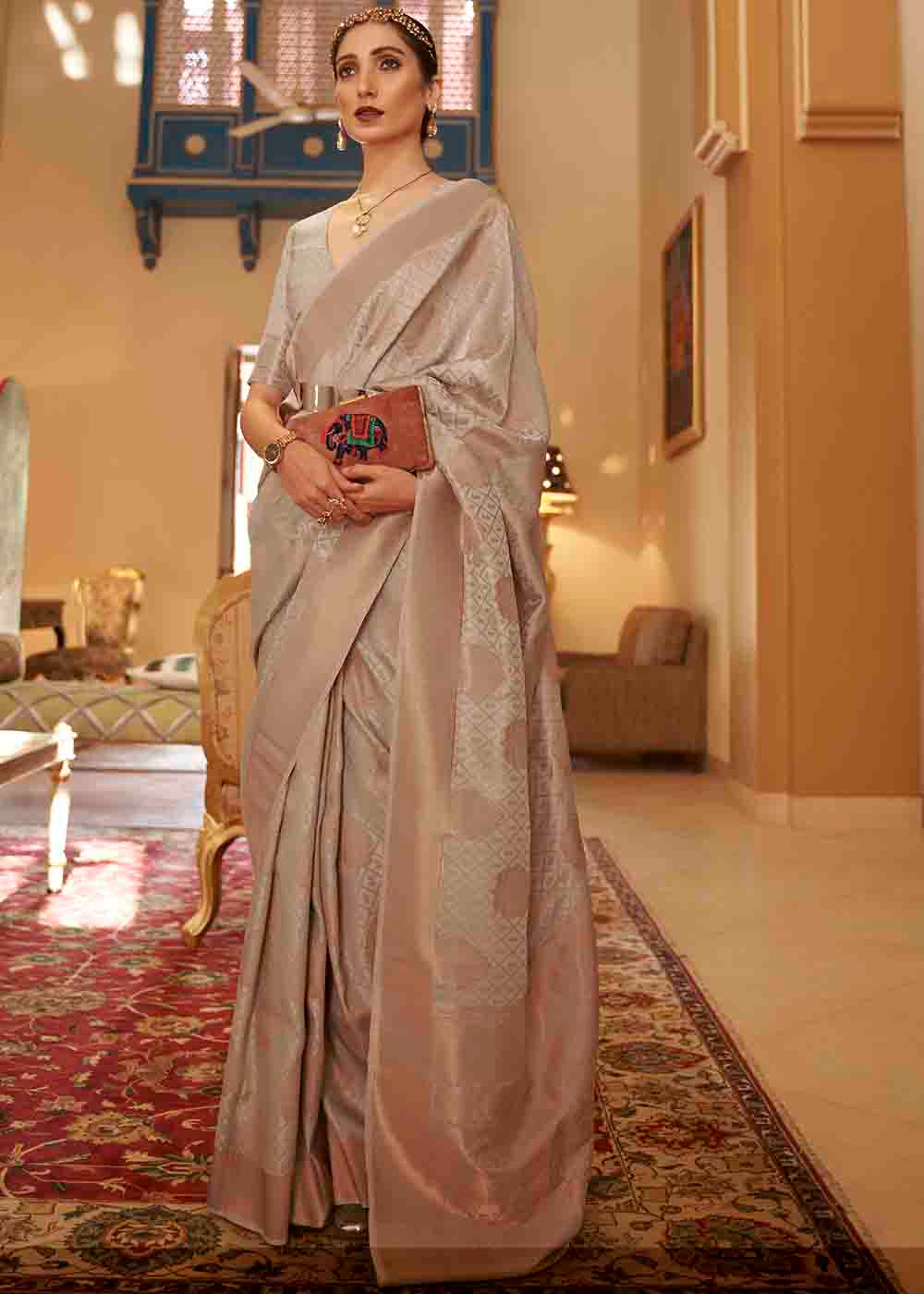 Tan Brown Handloom Weave Banarasi Silk Saree