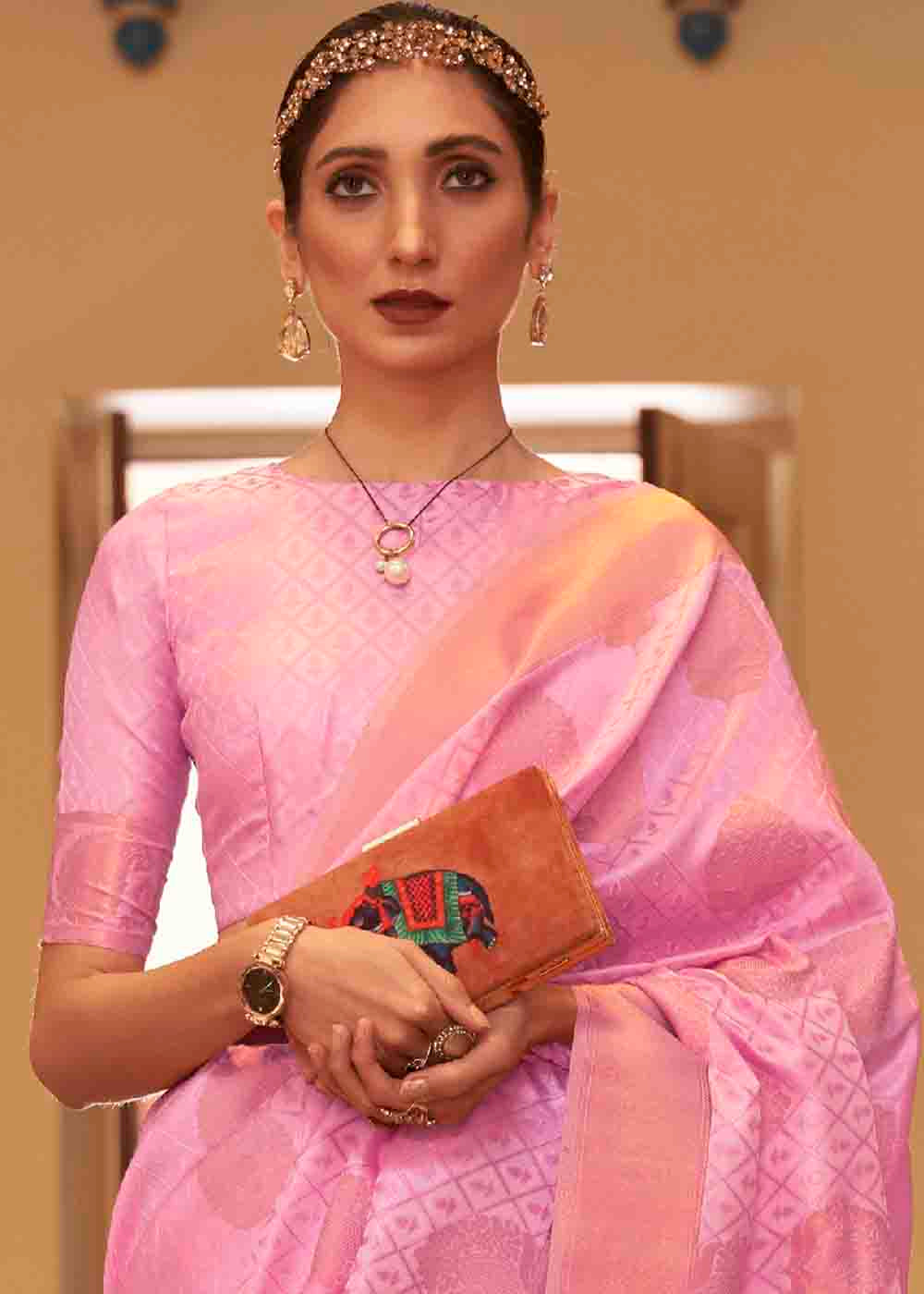 Rose Pink Handloom Weave Banarasi Silk Saree