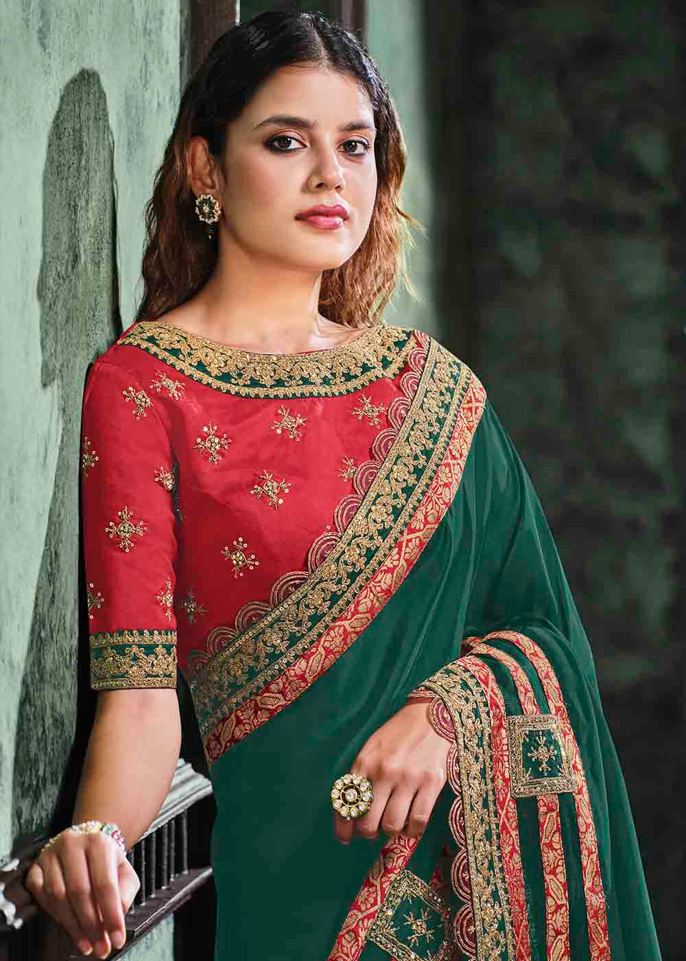 Greenish Blue Satin Silk Saree with Resham & Cord Embroidery