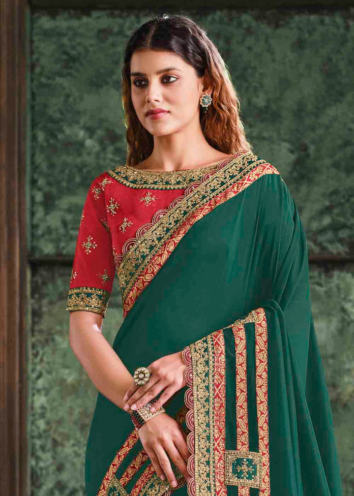 Greenish Blue Satin Silk Saree with Resham & Cord Embroidery
