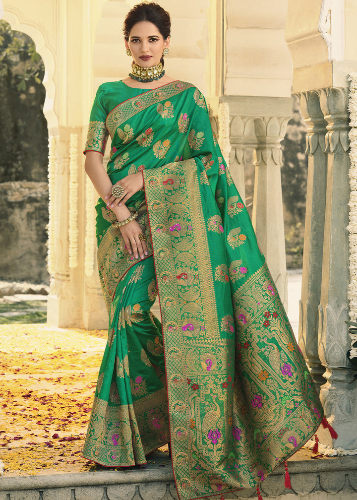 Jade Green Woven Banarasi Silk Saree with Tassels on Pallu