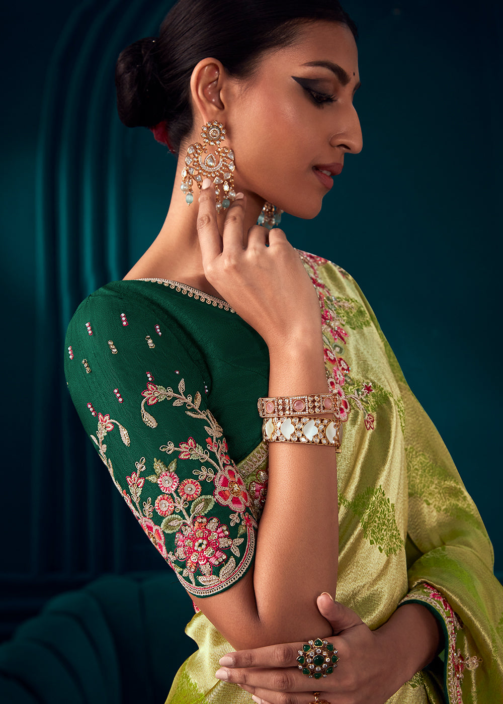 Shades Of Green Woven Kanjivaram Silk Saree with Sequin,Stone,Khatli & Pearl work