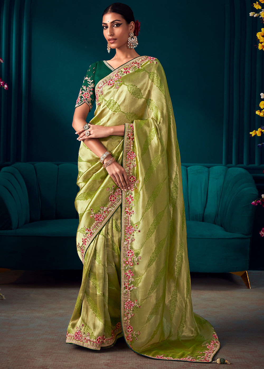 Shades Of Green Woven Kanjivaram Silk Saree with Sequin,Stone,Khatli & Pearl work