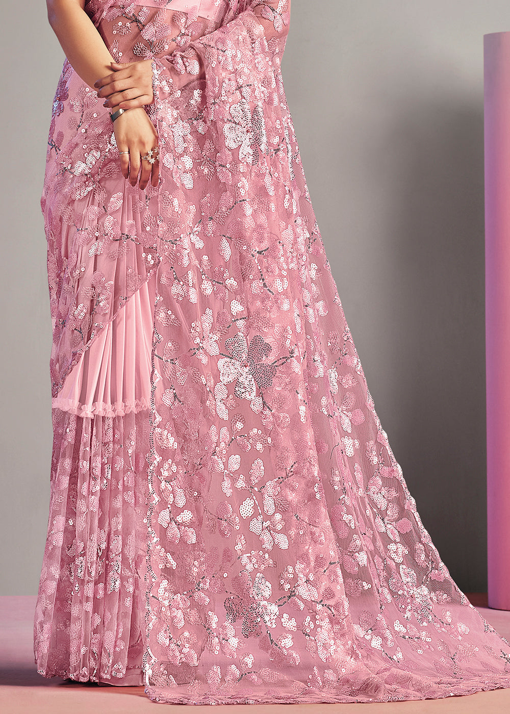 Grapefruit Pink Net & Lycra Saree with Sequins Embroidery work