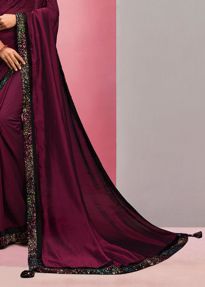 Mulberry Purple Georgette Silk Saree with Sequins Embroidery & Handwork Butta