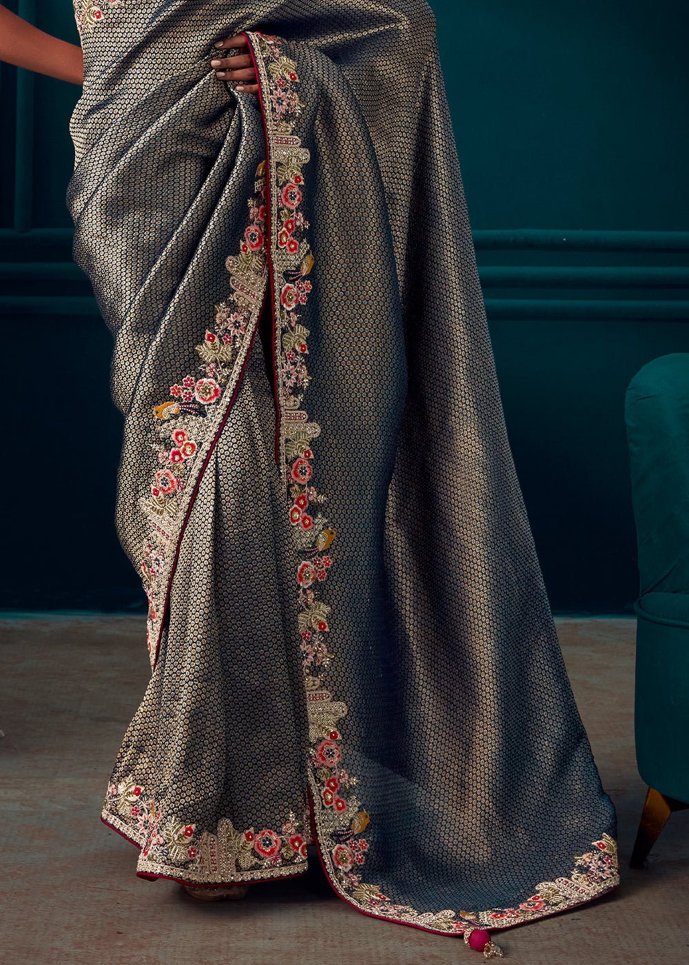 Anchor Grey Woven Kanjivaram Silk Saree with Sequin,Stone,Khatli & Pearl work
