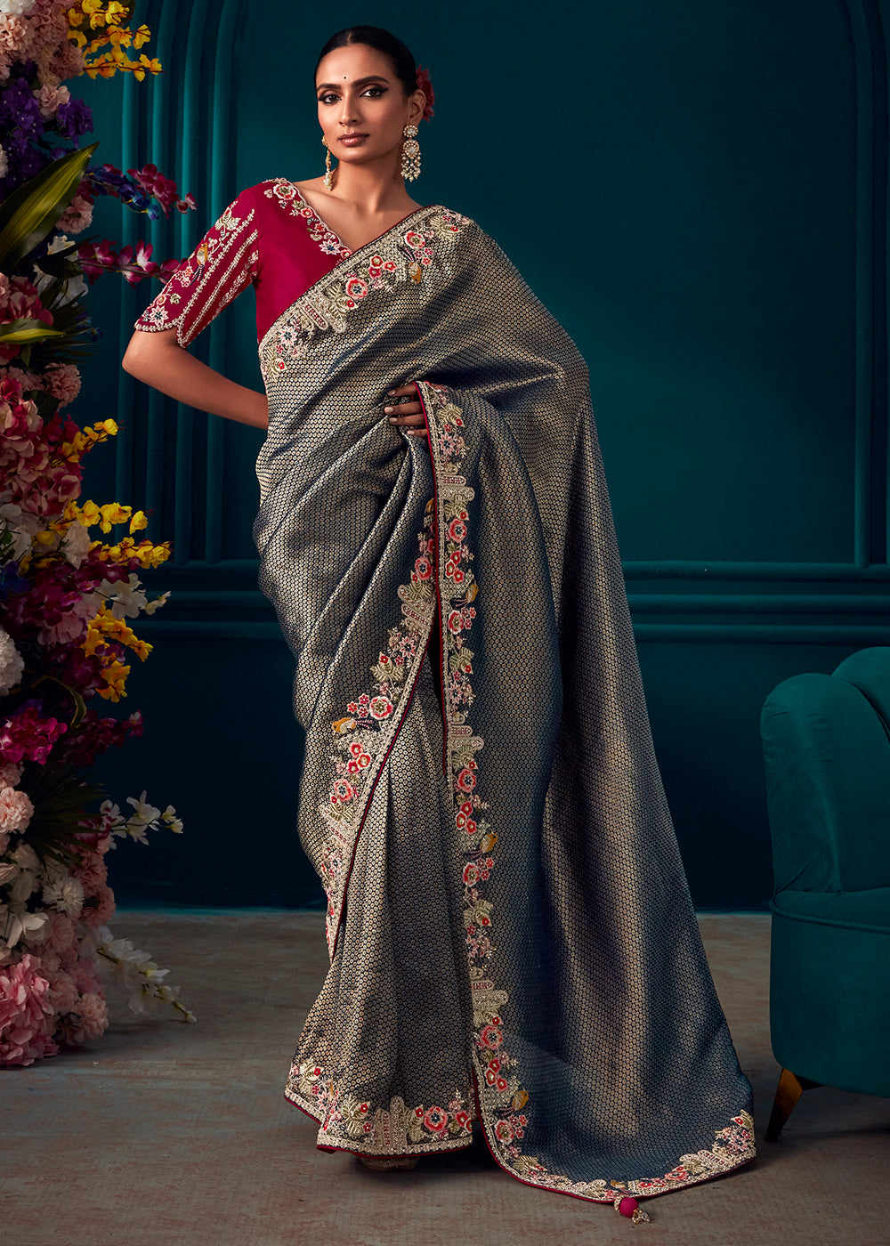 Anchor Grey Woven Kanjivaram Silk Saree with Sequin,Stone,Khatli & Pearl work