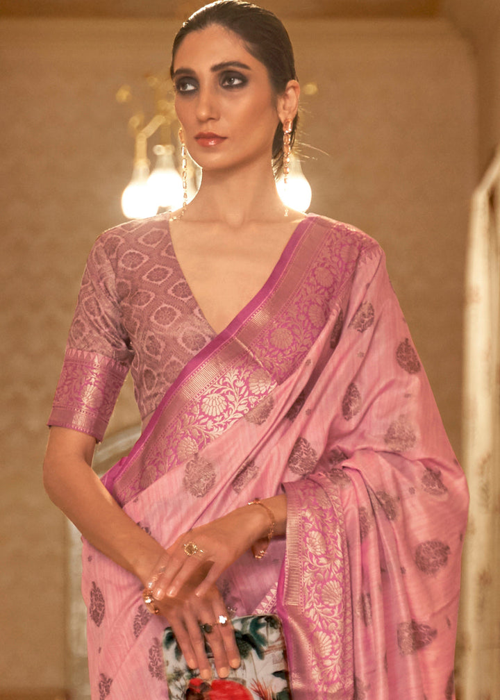 Mauvelous Pink Zari Butta Woven Tussar Silk Saree