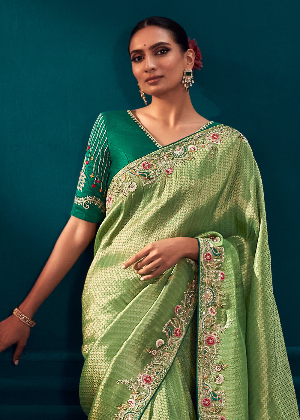 Light Green Woven Kanjivaram Silk Saree with Sequin,Stone,Khatli & Pearl work