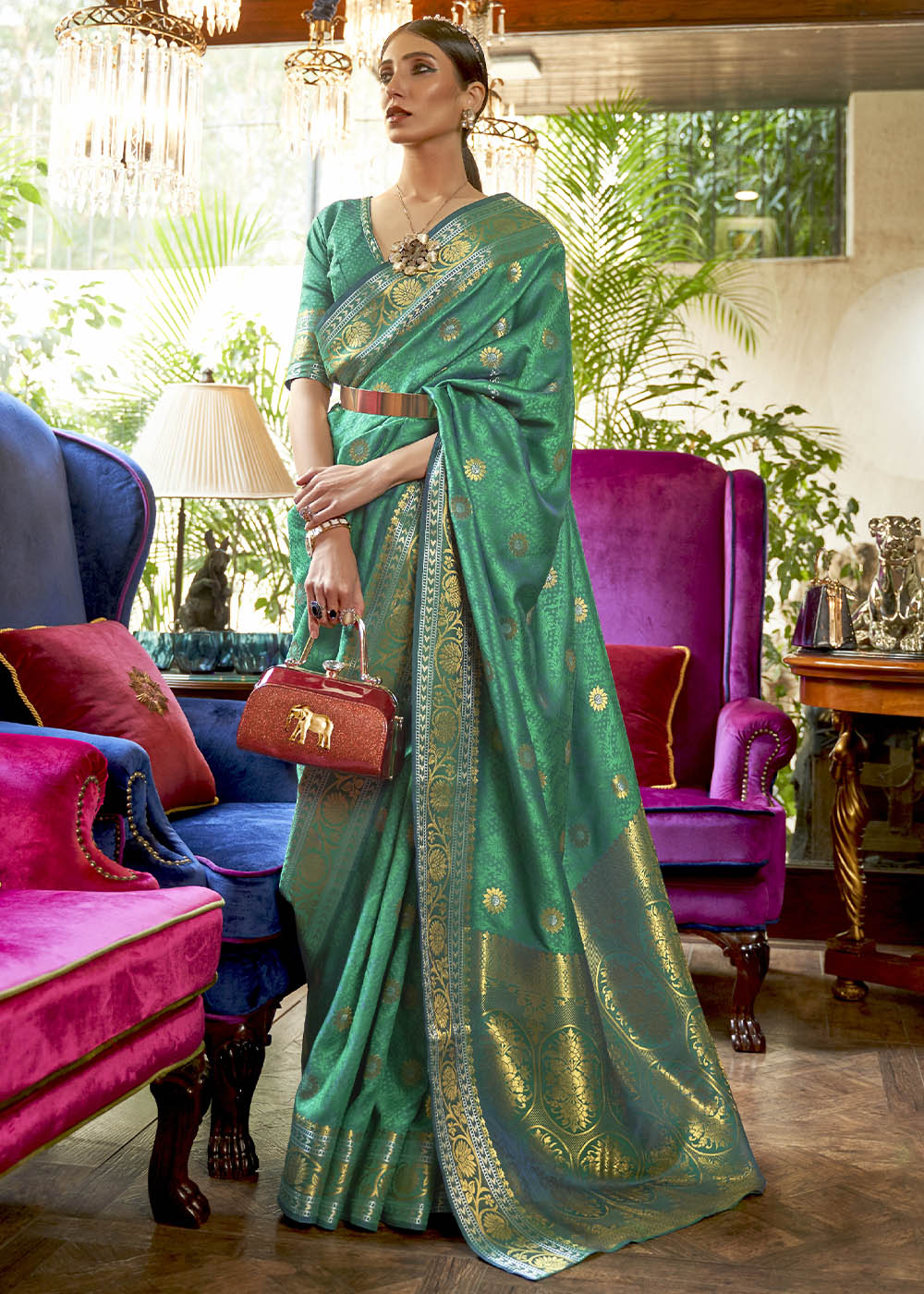 Persian Green Kanjivaram Silk Saree Woven with Silver & Golden Zari