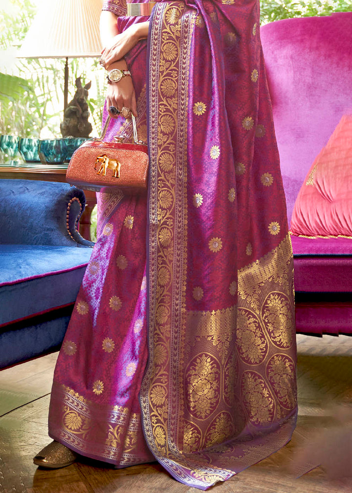 Fandango Purple Kanjivaram Silk Saree Woven with Silver & Golden Zari