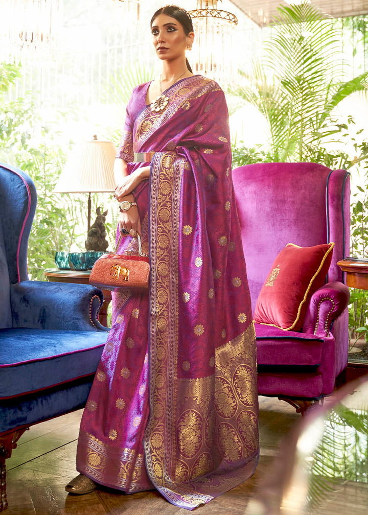 Fandango Purple Kanjivaram Silk Saree Woven with Silver & Golden Zari