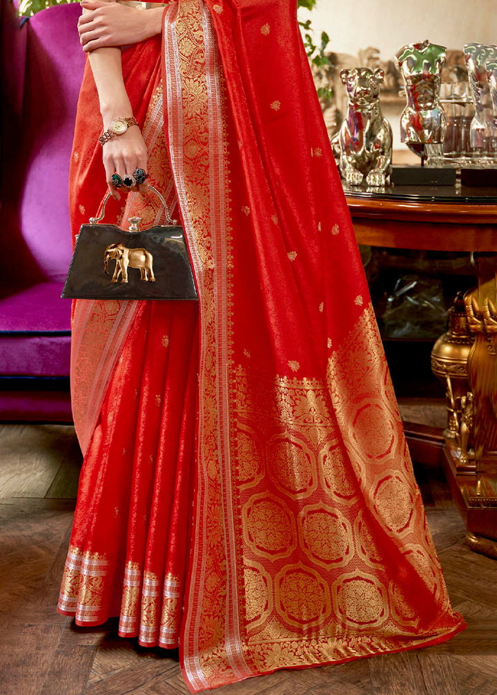 Crimson Red Kanjivaram Silk Saree Woven with Silver & Golden Zari