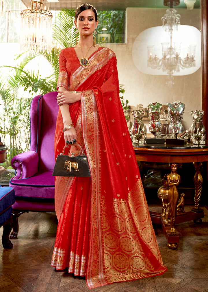 Crimson Red Kanjivaram Silk Saree Woven with Silver & Golden Zari