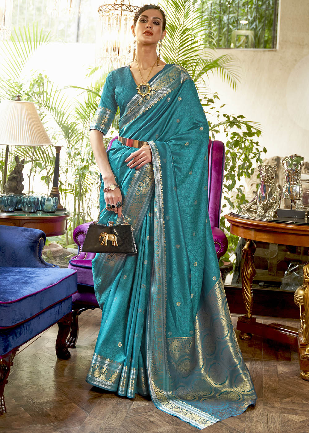 Curious Blue Kanjivaram Silk Saree Woven with Silver & Golden Zari