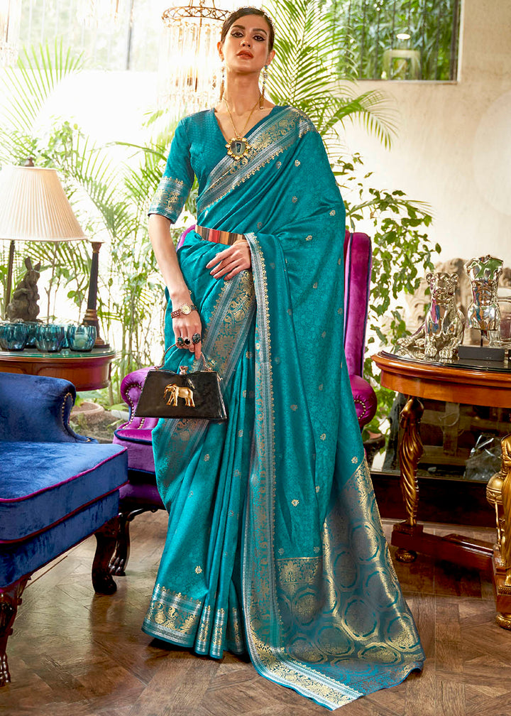 Curious Blue Kanjivaram Silk Saree Woven with Silver & Golden Zari
