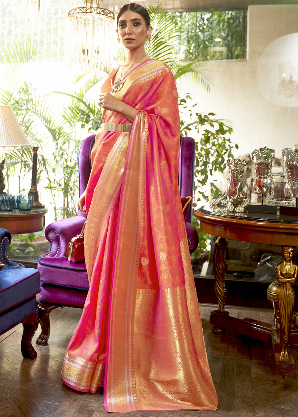 Shades Of Pink Kanjivaram Silk Saree Woven with Silver & Golden Zari