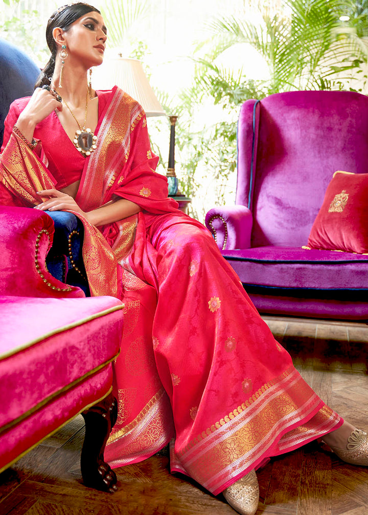 Hot Pink Kanjivaram Silk Saree Woven with Silver & Golden Zari