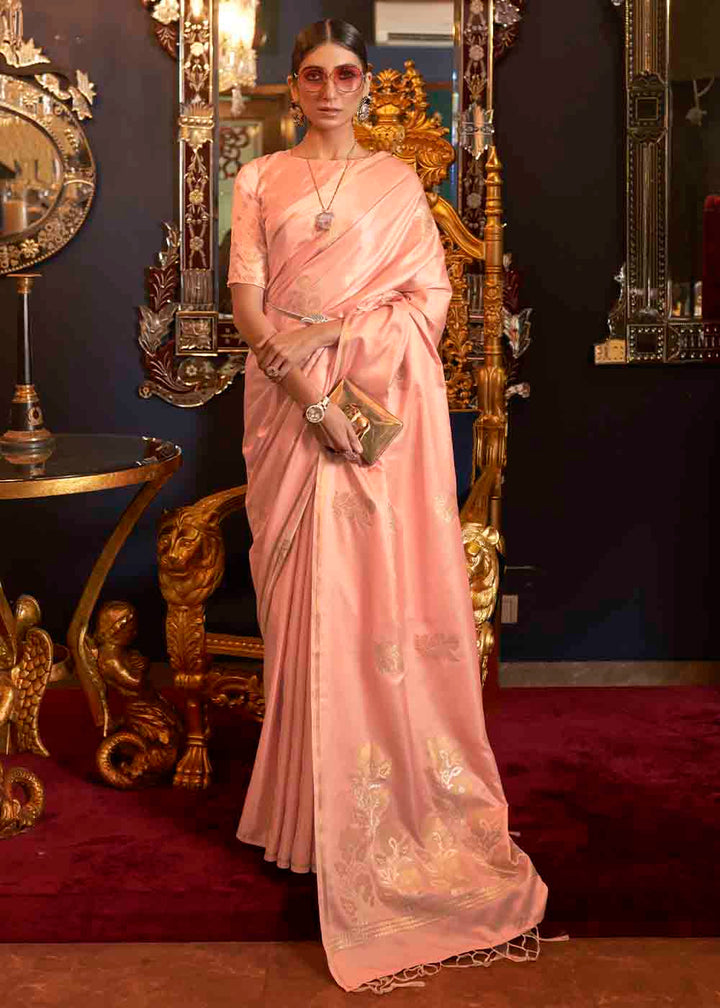 Coral Pink Designer Satin Silk Saree